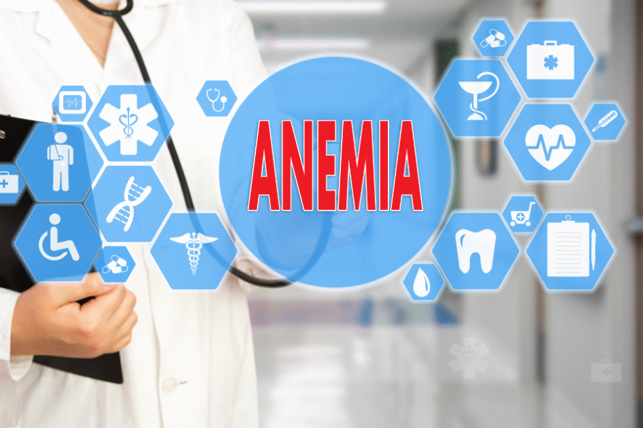 medico apontando para o termo anemia em texto sobre sintomas de anemia