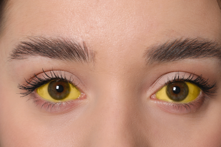 Transmissão da Hepatite A: Mulher com olhos amarelados (icterícia), sintoma comum da hepatite A.