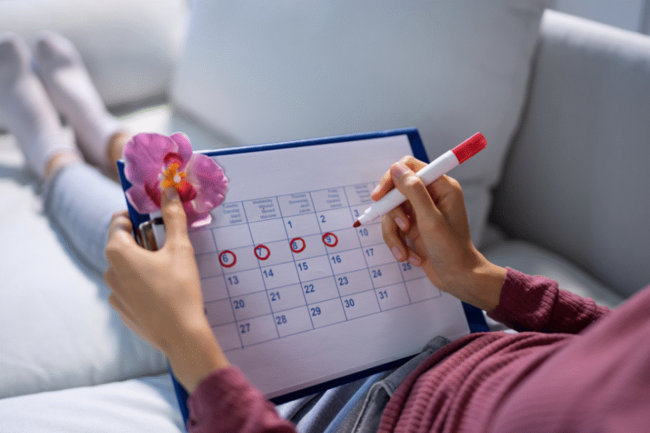 Mulher segurando calendário para controlar ciclo menstrual e acompanhar exames hormonais para engravidar