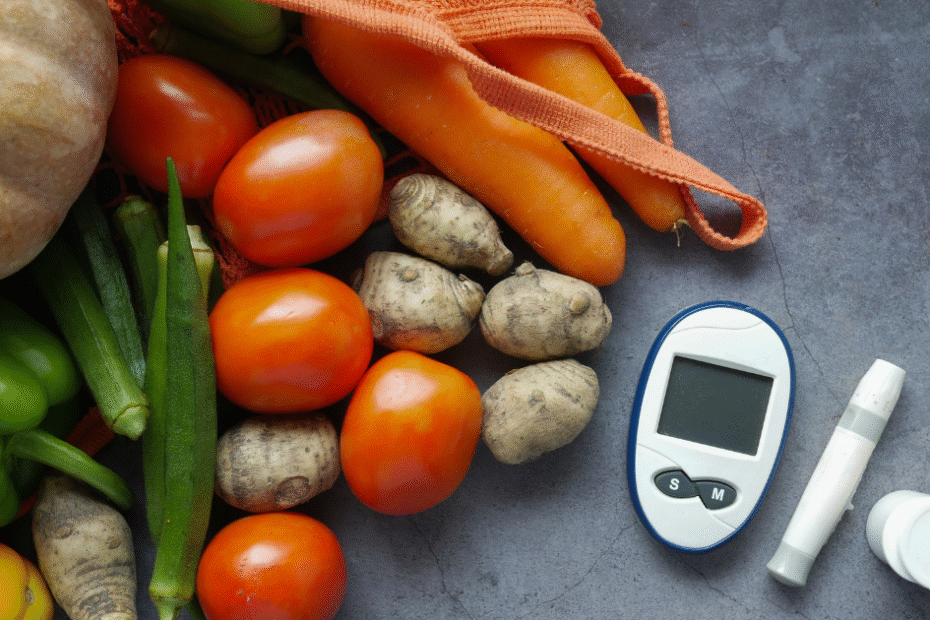 O que é pré diabetes: vegetais frescos ao lado de um glicosímetro, simbolizando a importância da alimentação saudável e dos exames preventivos.