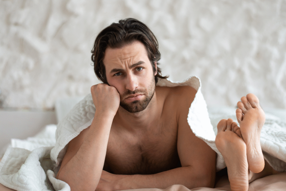 homem frustrado sofrendo de libido baixa masculina.