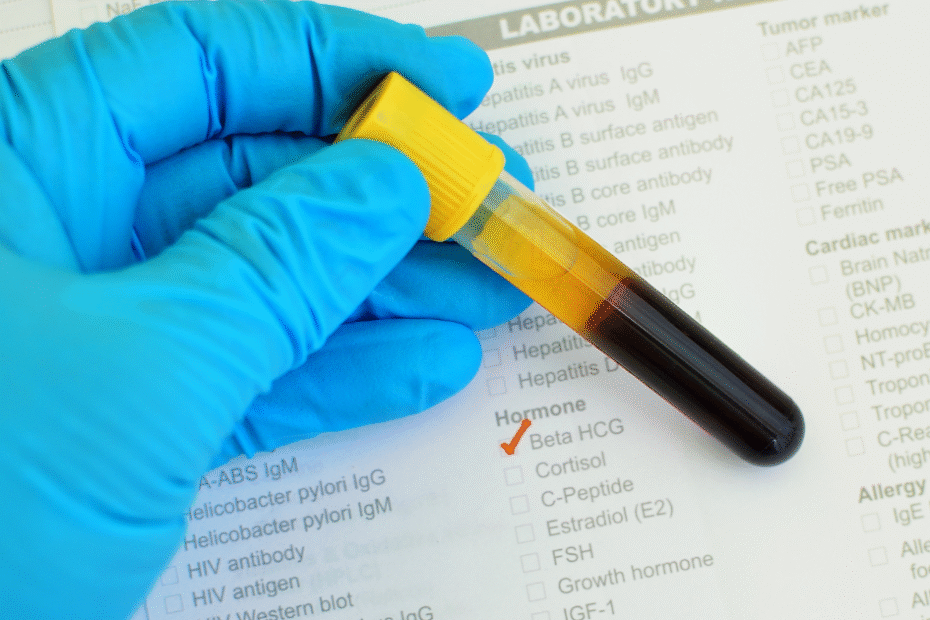 Tubo de sangue sobre pedido médico ilustrando como saber o tempo de gravidez pelo Beta hCG quantitativo.