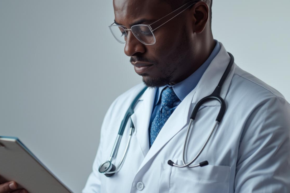 médico avaliando um resultado de ferritina alta com ferro normal.