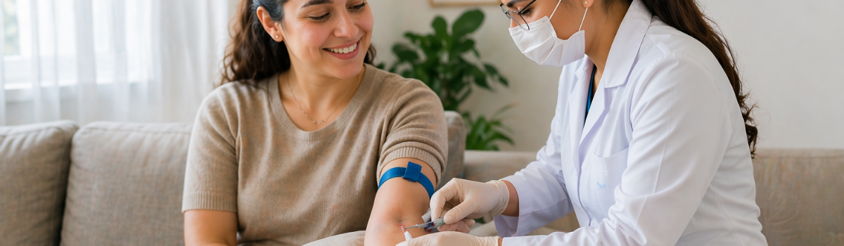 exame de sangue em casa sendo realizado por profissional de saúde