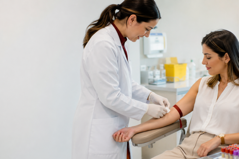 Profissional realizando coleta de sangue para o exame SDHEA