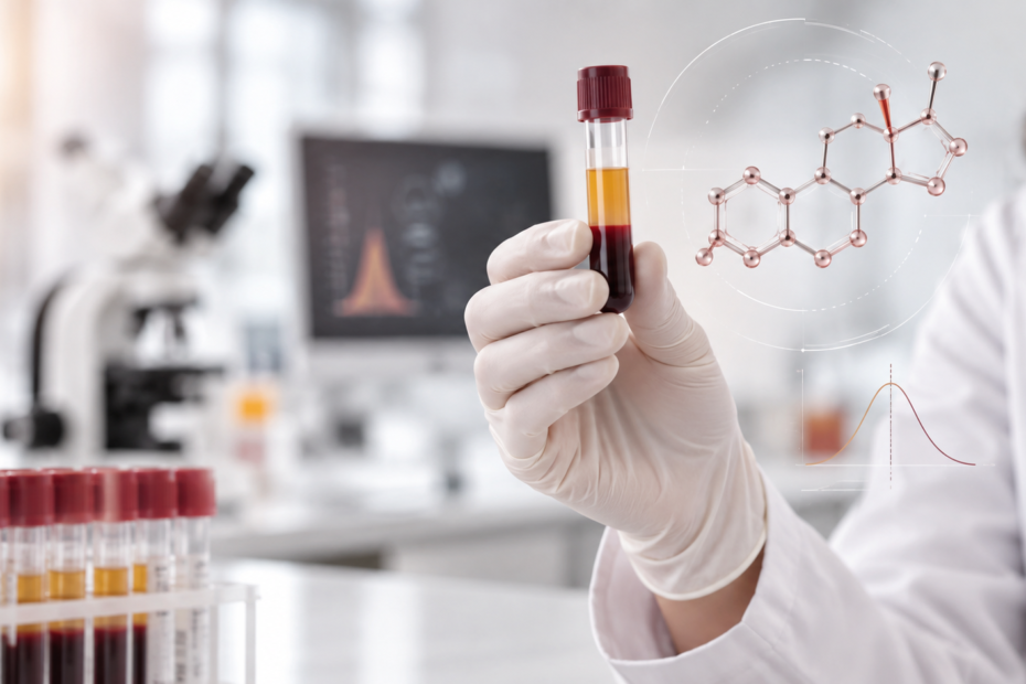Profissional de laboratório analisando amostra de sangue para o exame estrona E1.