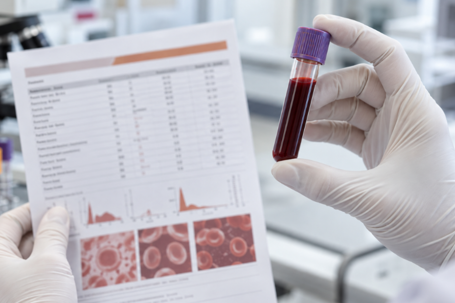 Profissional de laboratório segurando tubo de sangue e analisando resultado de hemograma para investigar hemoglobina baixa.