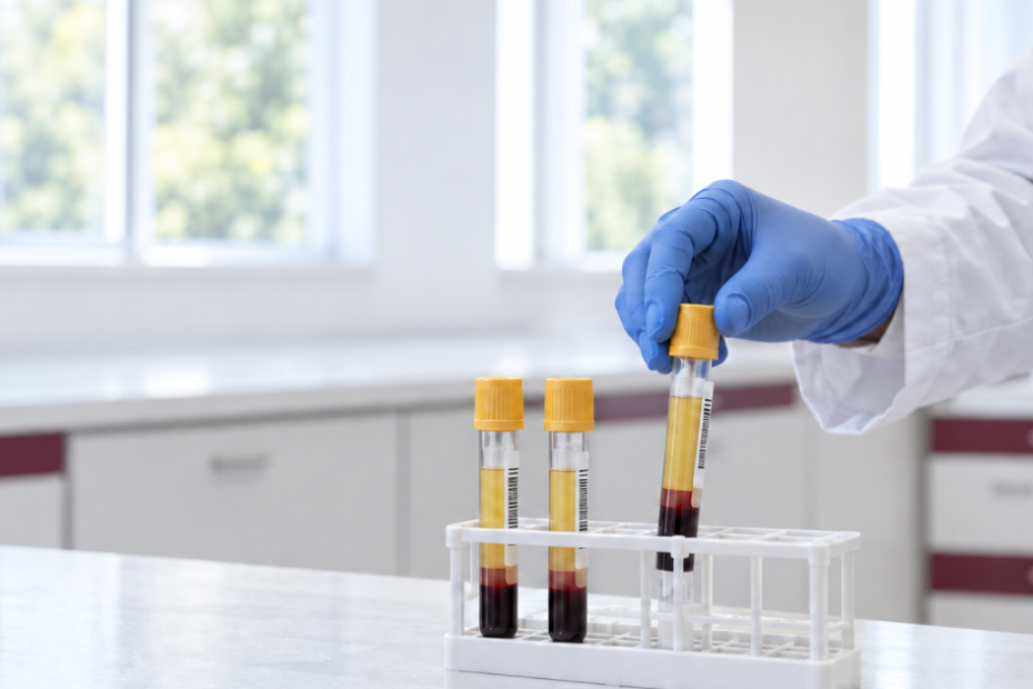 Profissional organizando amostras de sangue em laboratório, ilustrando o exame de desidrogenase lática (LDH).