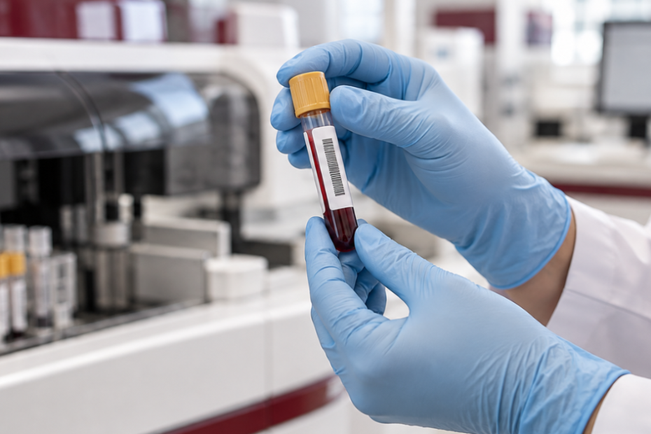 Profissional com luvas segurando tubo de sangue em laboratório de análises clínicas, ilustrando o exame HIV de 4ª geração.